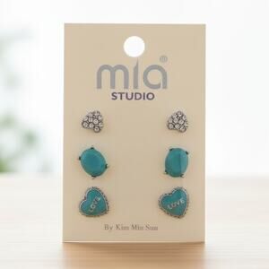 Mia Studio Earrings 3pc Silver-tone Faux Turquoise Clear Studded Love Hearts